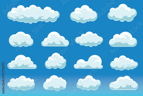 Set of white cloud cartoon style icons on a blue background. Cloud shapes vary in size and form. 