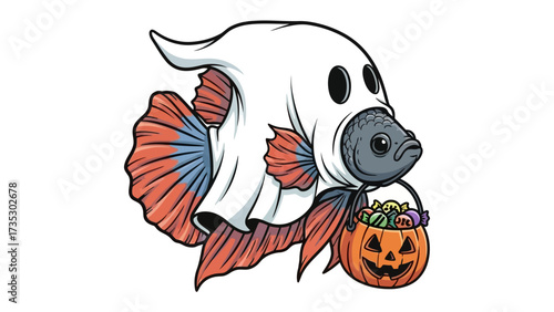 Spooky Sea Creature: A whimsical illustration of a captivating fish dressed in a ghost costume, holding a carved pumpkin.