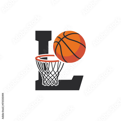Basketball Letter L Logo with Hoop and Ball, Bold basketball-themed logo featuring the letter L with a hoop and ball, perfect for sports branding, leagues, or athletic teams.

