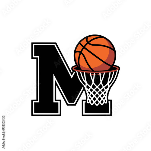 Basketball Letter M Logo with Ball and Hoop, Modern sports logo featuring the letter M with a basketball and hoop, ideal for athletic branding, teams, and league identity.

