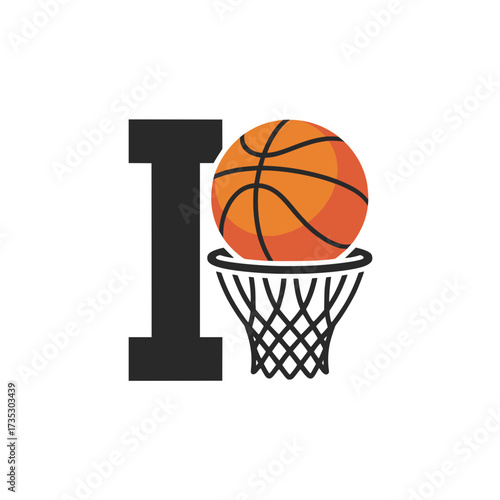 Basketball Logo with Letter I and Hoop, Bold basketball logo featuring the letter I with a hoop and ball, perfect for sports teams, leagues, or athletic branding.

