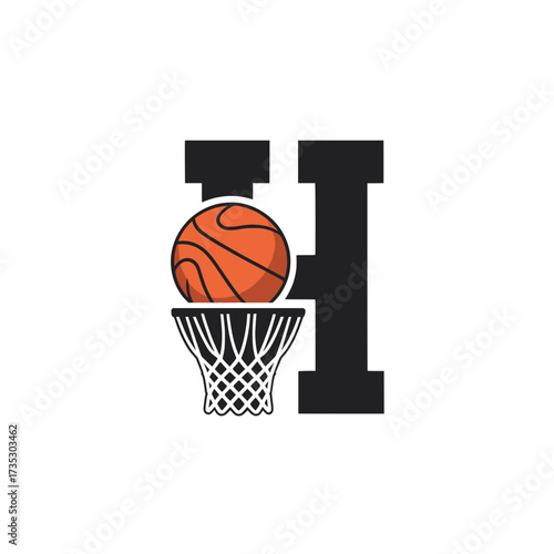 Basketball Letter H Logo with Net and Ball, Stylized basketball logo design featuring the letter H with a hoop and ball, perfect for sports teams, leagues, or branding.

