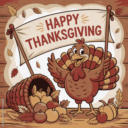 Joyful cartoon turkey holding a happy thanksgiving banner with a cornucopia overflowing with apples and pumpkins