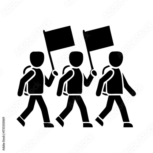 Silhouette of students marching with flags in black icon style