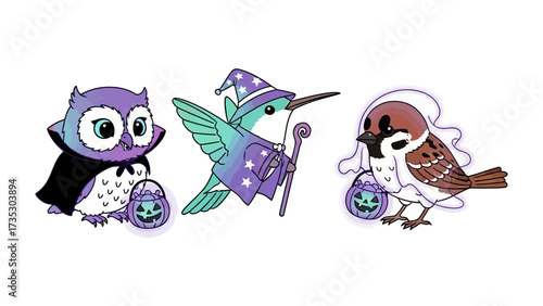 Magical trio: An artistic trio of enchanted characters, each with unique attributes. An owl, hummingbird, and sparrow, adorned in fantastical outfits, each holding a decorative lantern.