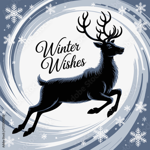 Majestic silhouette of a reindeer leaping through a swirling winter snowstorm with winter wishes text