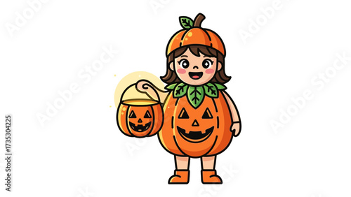 Costumed child embracing Halloween spirit: A playful illustration captures a joyous child dressed in a pumpkin costume, radiating the spirit of Halloween with a jack-o'-lantern bucket.