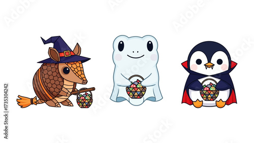 Halloween Characters Delight: A whimsical Halloween scene featuring three charming cartoon characters - an armadillo in a witch's hat, a friendly ghost, and a dapper penguin.