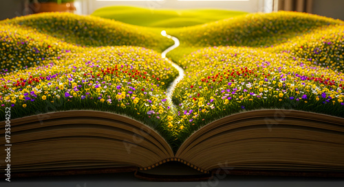 A magical open book blossoming into a picturesque landscape with vibrant wildflowers, a gentle path, and rolling green hills, symbolizing escape into imagination and the wonders of nature
