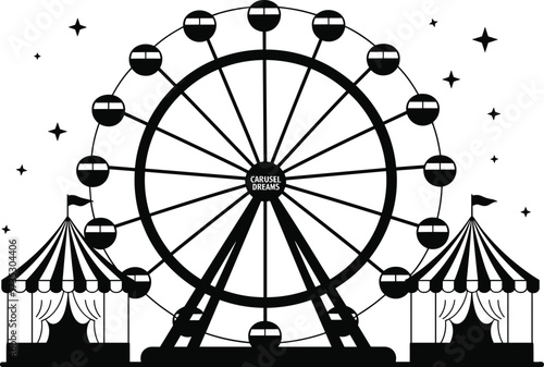 Black Silhouette of a Ferris Wheel with Tents and Stars amusement park carnival