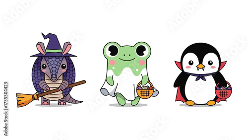 Halloween Animals: Adorable cartoon animals dressed in Halloween costumes. Includes an armadillo as a witch, a frog as a ghost, and a penguin as a vampire, all prepared for trick-or-treating.