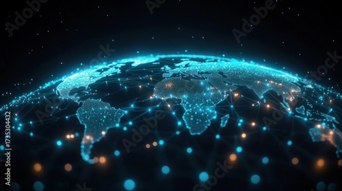 Digital representation of the Earth with glowing network connections highlighting continents and global data flow under a dark starry background