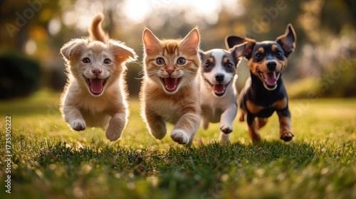 Four happy and energetic young pets running towards the camera on a grassy field during golden hour