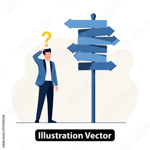Confused man faces multiple paths, contemplating important choices and future directions