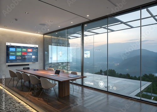 Modern conference room with panoramic mountain views and digital display