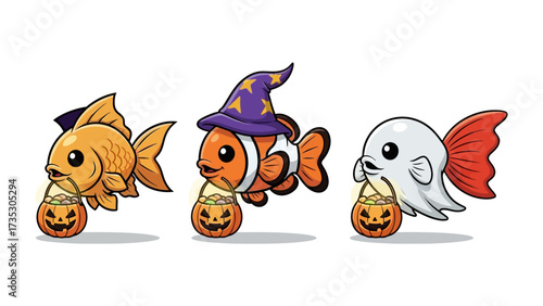 Spooky Fishy Friends: Charming aquatic creatures dressed in Halloween attire and clutching decorative pumpkin treat baskets, ready for a night of tricks and treats.