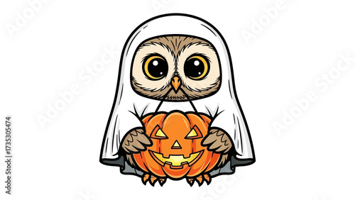 Spooky Owl with Pumpkin: A charming owl, disguised in a ghostly sheet, carries a carved pumpkin lantern, ready for Halloween, celebrating the playful spirit of the spooky season.