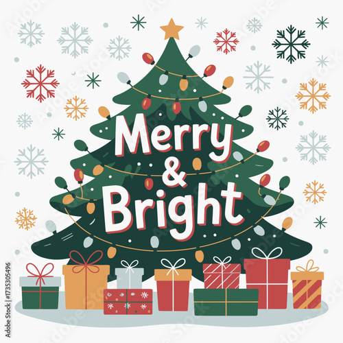 A festive christmas tree adorned with twinkling lights and surrounded by colorful presents and falling snowflakes wishing everyone a merry and bright holiday season