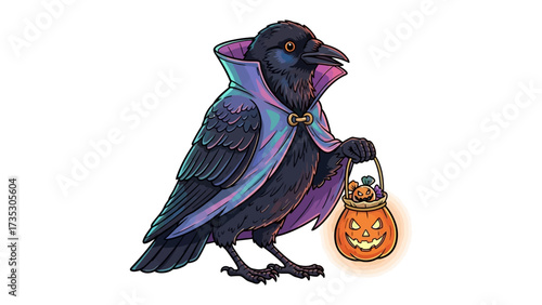 Crow in Halloween Costume: A playful crow dressed in a cape, holding a pumpkin-shaped candy basket, embodying the whimsical spirit of Halloween. 