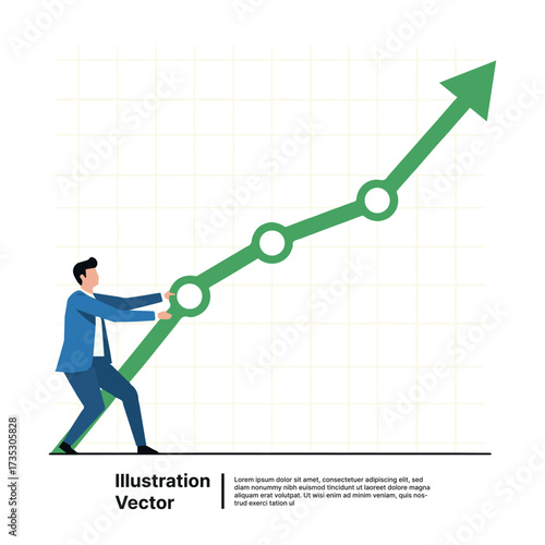 Dedicated businessman actively pulling an upward-trending graph line, symbolizing sustained business growth and progress and driving market success