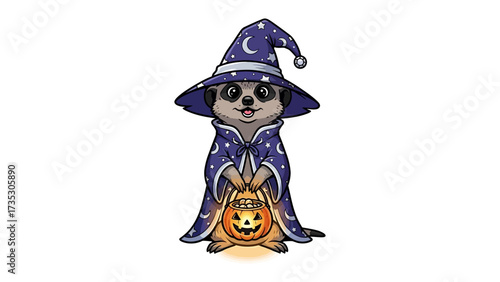 Meerkat Wizard's Enchanting Halloween: A charming meerkat, donned in a wizard's cloak and hat, cheerfully carries a glowing jack-o'-lantern.