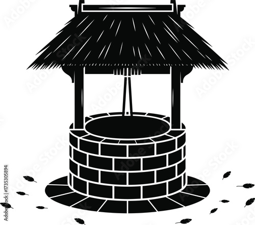 Black Silhouette of a Thatched Roof Wishing Well with Feathers water source