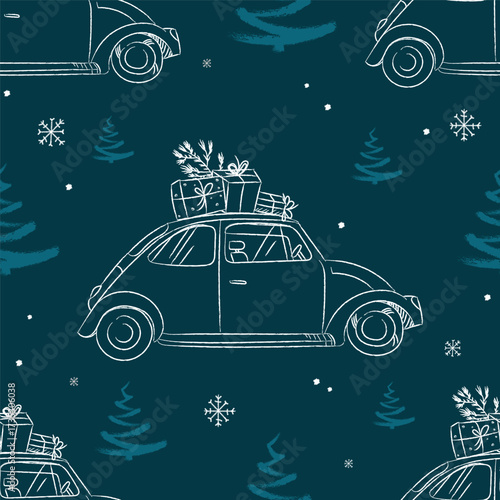 Christmas Seamless pattern with hand drawn cars carrying Christmas presents, snowflakes and pine trees for holiday wrapping paper, festive textiles, greeting cards, and seasonal backgrounds. Vector