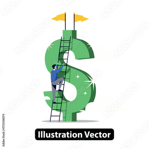 Ambitious professional climbs financial success ladder, symbolizing wealth growth and career advancement journey