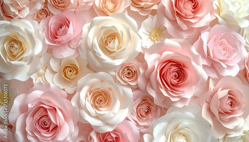 Fototapeta Naklejka Na Ścianę i Meble -  Paper roses, pink and cream, filling frame in a floral collage