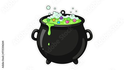 Mystical Cauldron: A graphic representation of a bubbling cauldron, overflowing with a magical green potion, surrounded by playful bubbles and vibrant decorations.