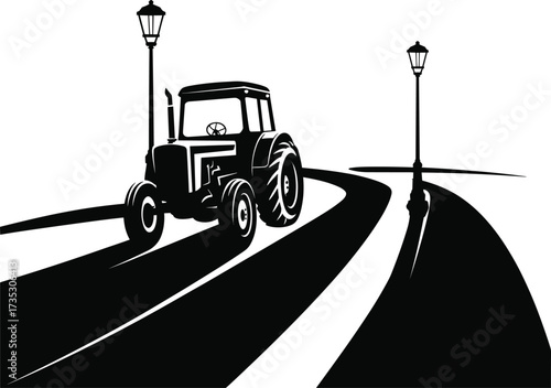Black silhouette of a tractor on a road with streetlights on white background Keywords: tractor