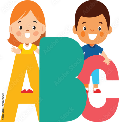 Cheerful Children Playfully Presenting the Alphabet A, B, and C for Early Learning and Education
