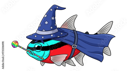 Magical fish in disguise: This whimsical illustration features a fish transformed into a fantastical sorcerer, complete with a pointed hat, flowing cape, and a magic wand.