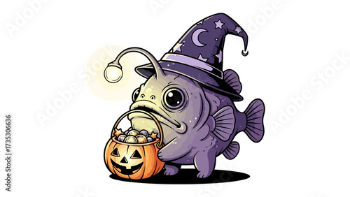 Halloween Angler Fish with Treat: A cute cartoon illustration of an anglerfish with a wizard hat and a jack-o'-lantern basket, playfully embracing the spirit of the holiday. 