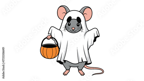 Spooky Mouse's Halloween Adventure: A charming cartoon mouse dressed as a friendly ghost, ready to collect treats with a pumpkin-shaped pail for Halloween!