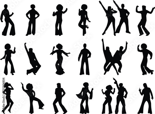 Black silhouette icons of disco dancers in dynamic poses wearing flared pants, capturing 1970s dance style and retro movement
