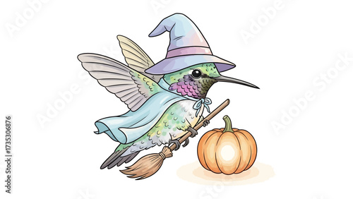 Hummingbird with Witch's Costume : A whimsical hummingbird wearing a witch costume, holding a broom and carrying a pumpkin.