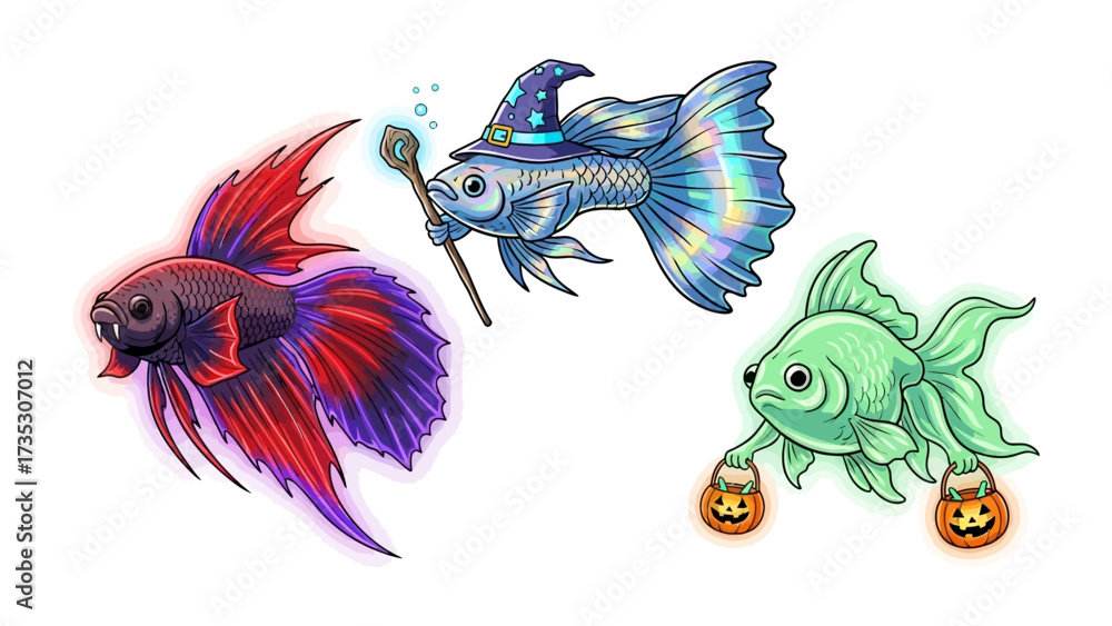 Obraz premium Mystical Marine: A trio of enchanted goldfish showcasing vibrant colors, captivating artistic detail, each fish with unique expression