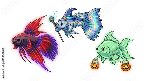 Mystical Marine: A trio of enchanted goldfish showcasing vibrant colors, captivating artistic detail, each fish with unique expression