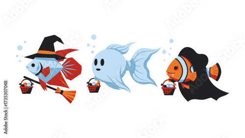 Halloween Fish Parade: Charming fish dressed in whimsical costumes embark on a spooky Halloween adventure, with one fish sporting a witch hat, a second as a ghost, and a third as a masked bandit.