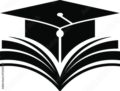 Black silhouette of an open book with a graduation cap on white background Keywords: graduation