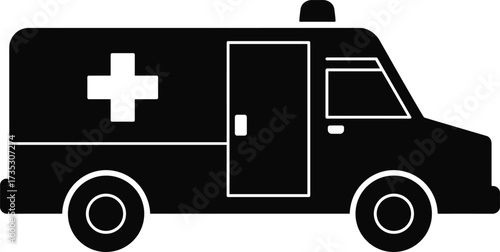 Black silhouette of an ambulance with a white cross on a white background vehicle emergency
