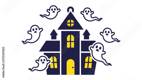 Spooky Mansion: A cartoonish haunted house illustration, surrounded by playful ghost figures, ready to add a whimsical touch to any Halloween-themed design.