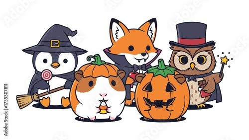Halloween Companions: A charming gathering of cartoon creatures decked out in Halloween attire.