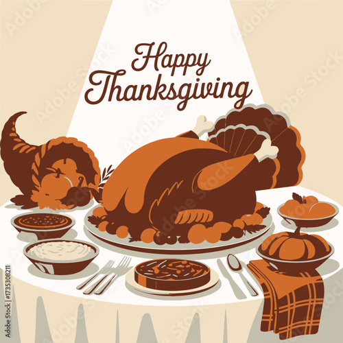A bountiful thanksgiving feast featuring a roasted turkey cornucopia and various side dishes celebrating gratitude and togetherness