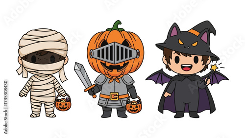 Halloween Costume Trio: A whimsical display of three adorably dressed children in festive Halloween costumes, embracing the playful spirit of the season.