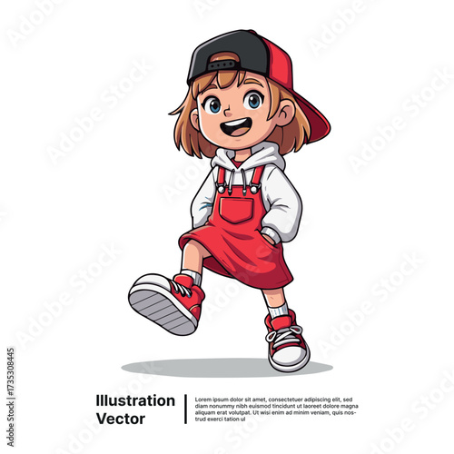 A vibrant cartoon illustration of a happy young girl in trendy street fashion, confidently stepping with joy