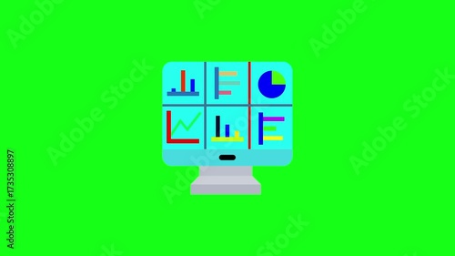  computer monitor displaying a simple grid with colorful abstract shapes and lines on a green background