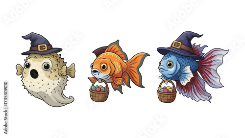 Whimsical Fish in Halloween Costume: Three enchanting fish, playfully adorned in Halloween costumes, add a touch of spooky fun to the aquarium. They're all set to spread the Halloween cheer