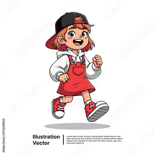 Vibrant vector illustration of an energetic young girl happily running, embodying childhood joy and active play